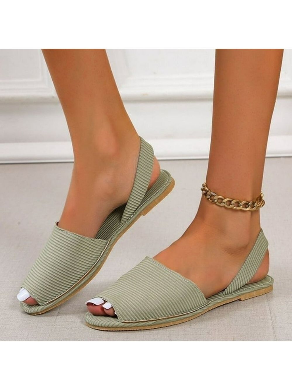9.5 • Sage Green Ribbed Fish Mouth Flat Slingback Casual Sandals